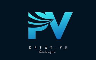 Creative blue letters PV p v logo with leading lines and road concept design. Letters with geometric design. vector