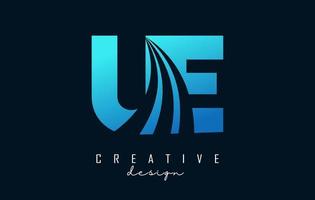 Creative blue letters UE u e logo with leading lines and road concept design. Letters with geometric design. vector