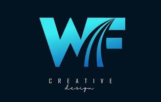 Creative blue letters WF w f logo with leading lines and road concept design. Letters with geometric design. vector