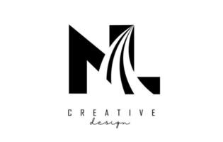 Creative black letters NL n l logo with leading lines and road concept design. Letters with geometric design. vector
