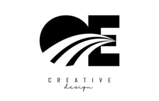 Creative black letters OE o e logo with leading lines and road concept design. Letters with geometric design. vector