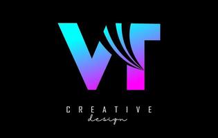 Creative colorful letters VT v t logo with leading lines and road concept design. Letters with geometric design. vector