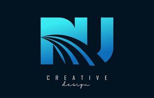 Creative blue letters RU R U logo with leading lines and road concept design. Letters with geometric design. vector