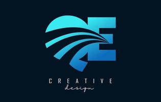 Creative blue letters QE q e logo with leading lines and road concept design. Letters with geometric design. vector