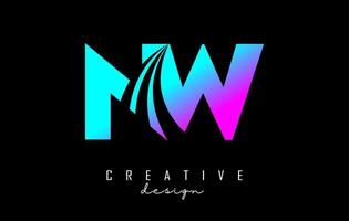 Creative colorful letters NW n w logo with leading lines and road concept design. Letters with geometric design. vector