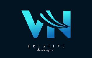 Creative blue letters VN v n logo with leading lines and road concept design. Letters with geometric design. vector