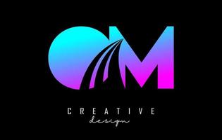 Creative colorful letters OM o m logo with leading lines and road concept design. Letters with geometric design. vector