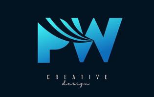 Creative blue letters PW p w logo with leading lines and road concept design. Letters with geometric design. vector