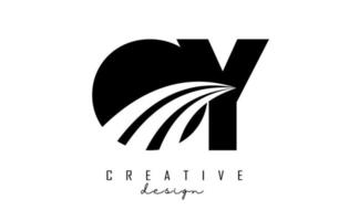 Creative black letters OY o y logo with leading lines and road concept design. Letters with geometric design. vector