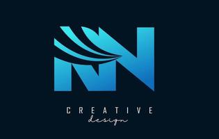 Creative blue letters RN R N logo with leading lines and road concept design. Letters with geometric design. vector