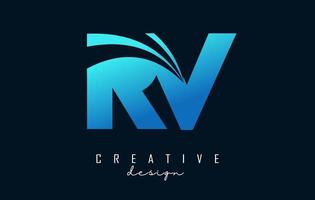 Creative blue letters RV R v logo with leading lines and road concept design. Letters with geometric design. vector