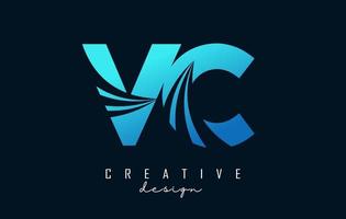 Creative blue letters VC v c logo with leading lines and road concept design. Letters with geometric design. vector