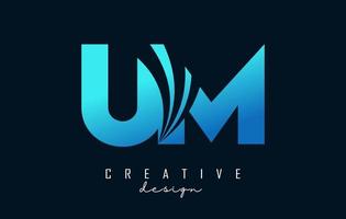 Creative blue letters UM u m logo with leading lines and road concept design. Letters with geometric design. vector