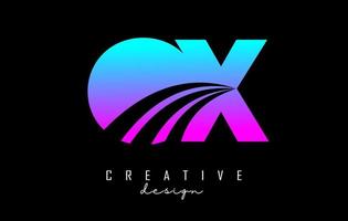 Creative colorful letters OX o x logo with leading lines and road concept design. Letters with geometric design. vector