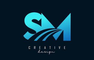 Creative blue letters SM s m logo with leading lines and road concept design. Letters with geometric design. vector