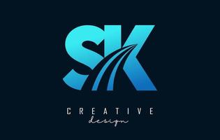 Logotipo creativo de letras azules sk sk con líneas principales y diseño de concepto de carretera. letras con diseño geométrico. vector