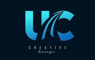 Creative blue letters UC u c logo with leading lines and road concept design. Letters with geometric design. vector