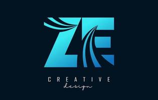 Creative blue letters ZE z E logo with leading lines and road concept design. Letters with geometric design. vector
