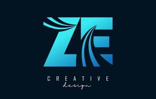 Creative blue letters ZE z E logo with leading lines and road concept design. Letters with geometric design. vector