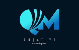 Creative blue letters QM q m logo with leading lines and road concept design. Letters with geometric design. vector