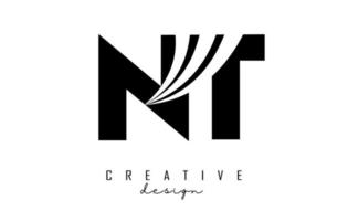 Creative black letters NT n t logo with leading lines and road concept design. Letters with geometric design. vector