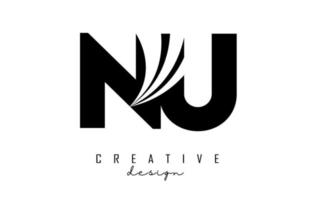 Creative black letters NU n u logo with leading lines and road concept design. Letters with geometric design. vector