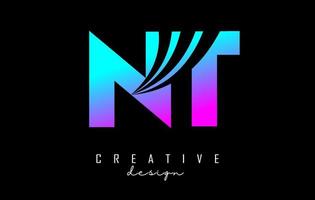 Creative colorful letters NT n t logo with leading lines and road concept design. Letters with geometric design. vector