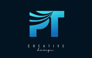 Creative blue letters PT p t logo with leading lines and road concept design. Letters with geometric design. vector