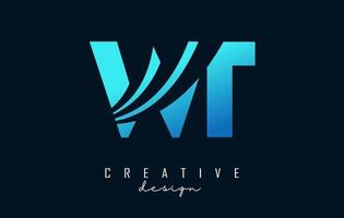 Creative blue letters WT w t logo with leading lines and road concept design. Letters with geometric design. vector