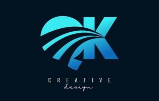 Creative blue letters QK q k logo with leading lines and road concept design. Letters with geometric design. vector