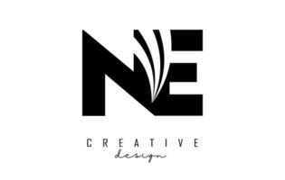 Creative black letters NE n e logo with leading lines and road concept design. Letters with geometric design. vector