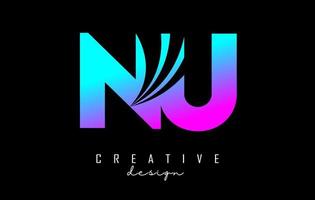 Creative colorful letters NU n u logo with leading lines and road concept design. Letters with geometric design. vector