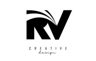 Creative black letters RV R v logo with leading lines and road concept design. Letters with geometric design. vector