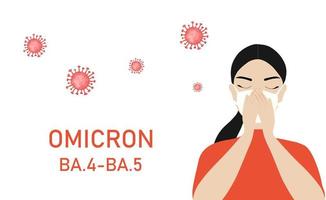 Omicron variant BA.4-BA.5 COVID-19. New strain of coronavirus. Woman with face mask coughing vector illustration