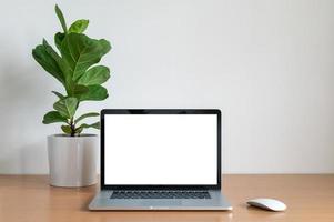 pantalla en blanco de la computadora portátil con una olla de higuera de violín en una mesa de madera foto