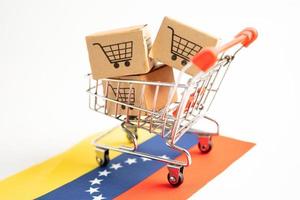 Box with shopping cart logo and venezuela flag, Import Export Shopping online or eCommerce finance delivery service store product shipping, trade, supplier concept. photo