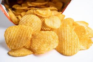 Potato chips, delicious BBQ seasoning spicy for crips, thin slice deep fried snack fast food in open bag. photo