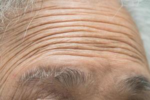 Asian elderly old woman face and eye with wrinkles, portrait closeup view. photo