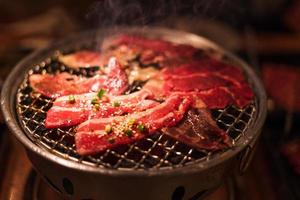 Grilling wagyu beef on charcoal grill photo