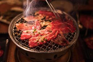 Grilling wagyu beef on charcoal grill photo