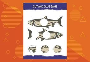Cut and glue game for kids with fish. Cutting practice for preschoolers. Education worksheet. vector