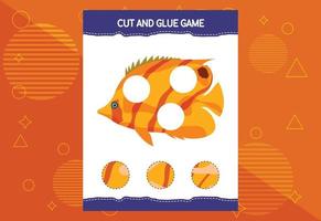 Cut and glue game for kids with fish. Cutting practice for preschoolers. Education worksheet. vector