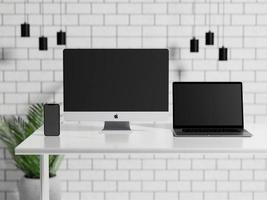 3d illutration of  Workspace With Desktop Computer, Laptop, and  Smartphone Digital Devices Font View Mockup photo