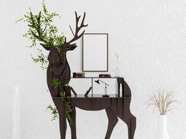Ilustración 3d del marco de pintura en la habitación con mesa de ciervo de madera y planta interior para maqueta foto