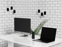 3d illutration of Workspace With Desktop Computer, Laptop, and  Smartphone Digital Devices Mockup photo