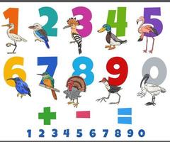 educational numbers set with cartoon birds characters