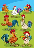 grupo de personajes de animales de aves de granja de gallos de dibujos animados