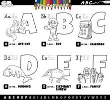 educational cartoon alphabet letters set from A to F color page vector