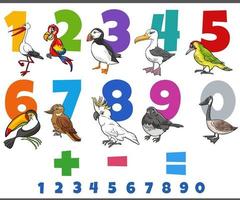 educational numbers set with cartoon birds animal character vector