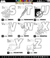 educational cartoon alphabet set from S to Z color book page vector